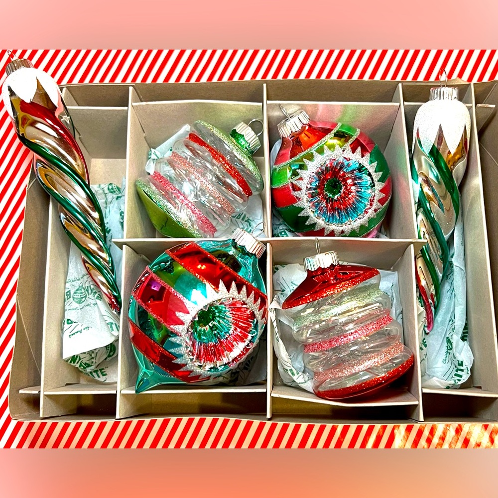 6 Radko Christmas Glass Ornaments Icicles Reflector Beehive Shape Tinsel Inside